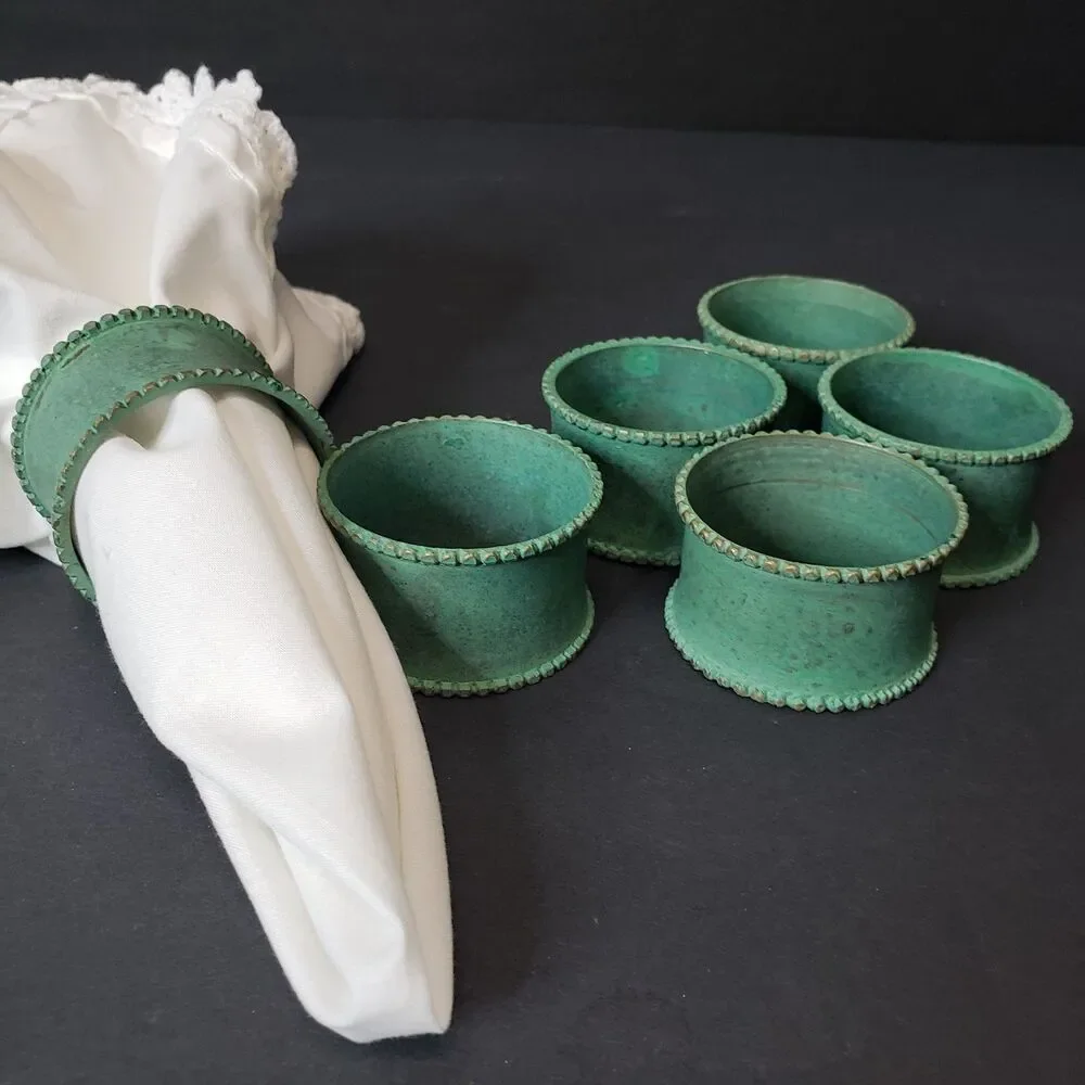 Set of 6 Rustic Green Verdigris Copper Napkin Rings Holders Coastal Table Decor